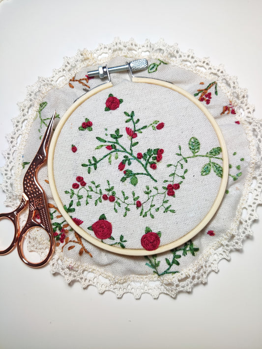 Embroidered frame on botanical print on Silk